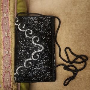 Vintage gorgeous Dressy Black and Silver beaded handbag Saks fifth avenue